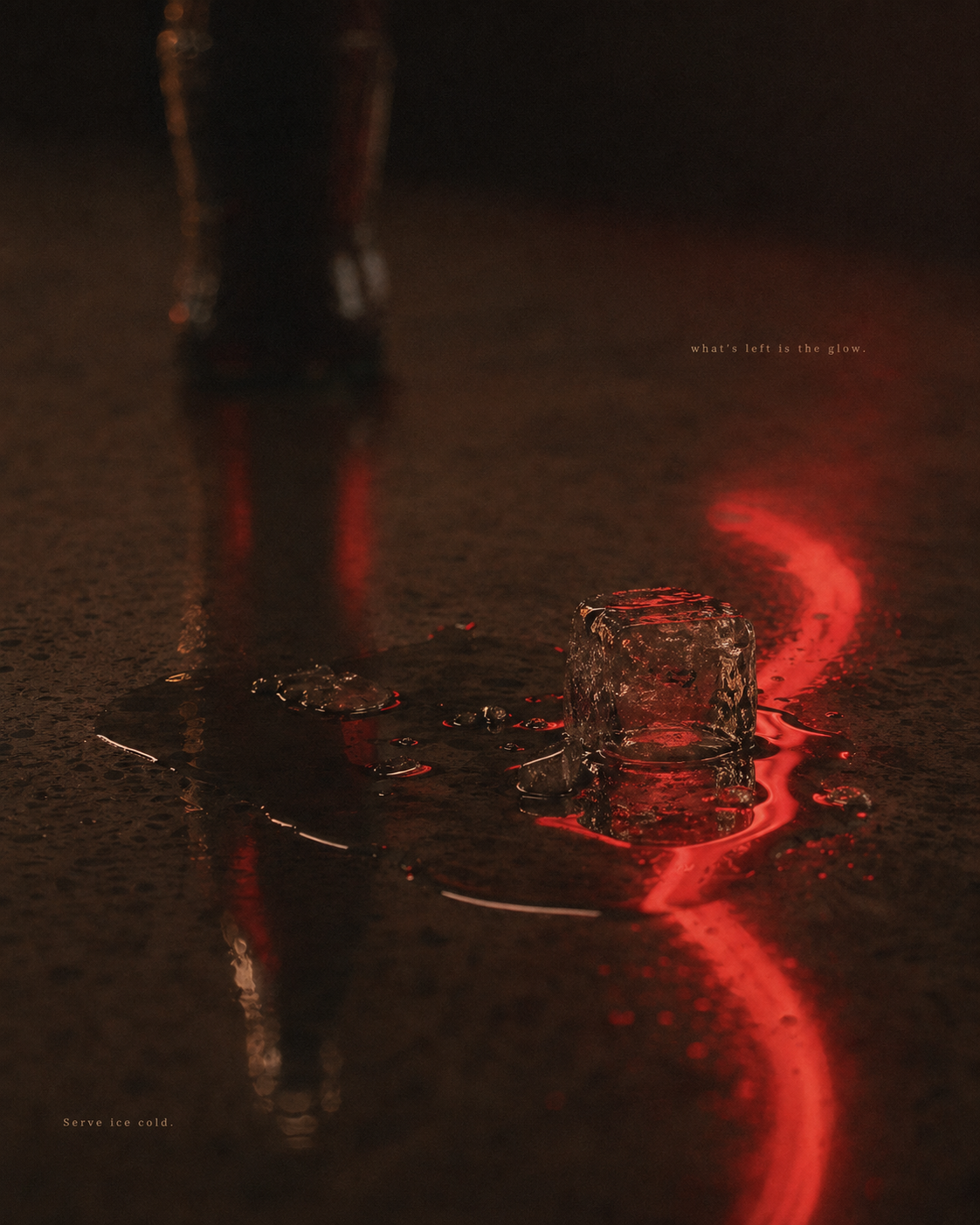 An empty glass with a melting ice cube, a red ribbon of neon on the floor